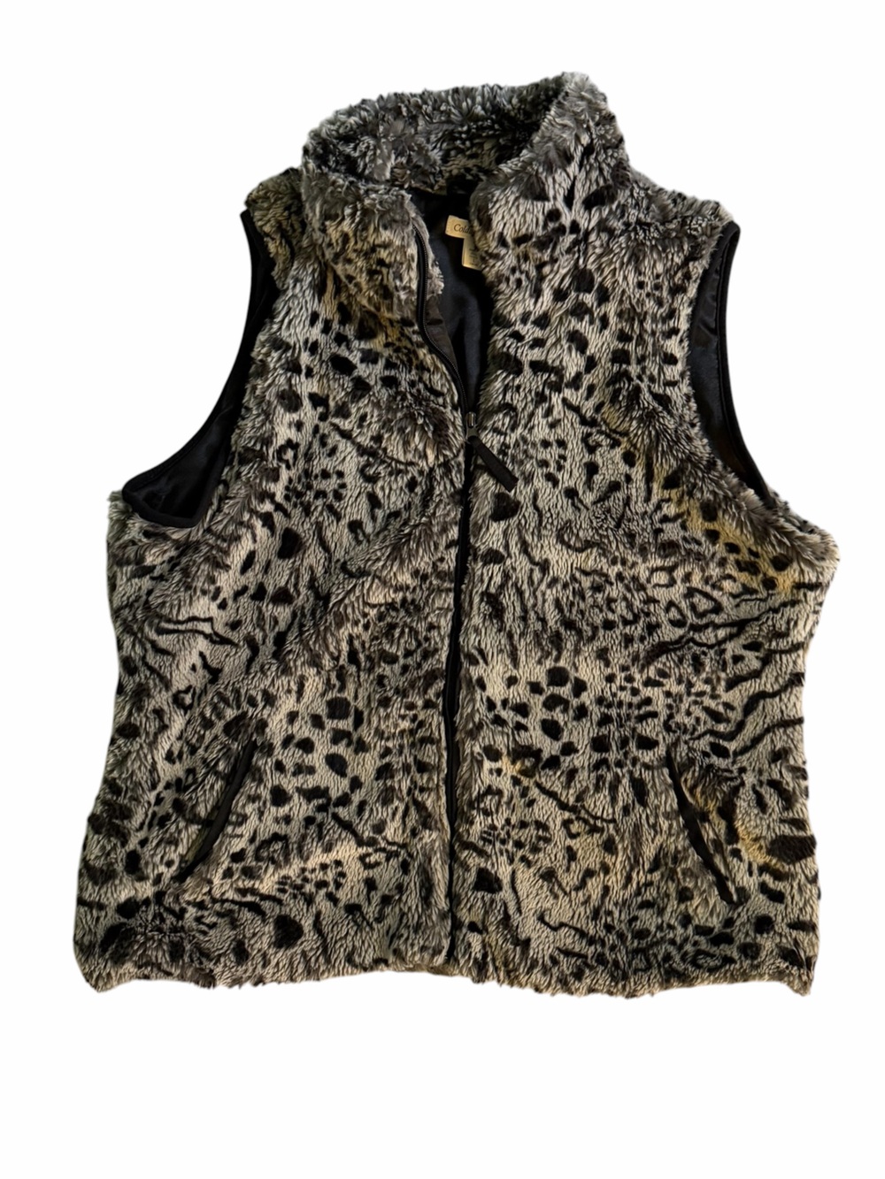 Coldwater Creek Faux Fur Leopard Vest Womens Large Grey & Black Animal Print